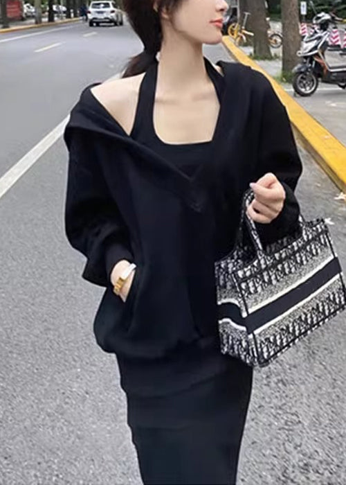 Loose Pink Hooded Pockets Tops And Dress Cotton Two Pieces Set Spring