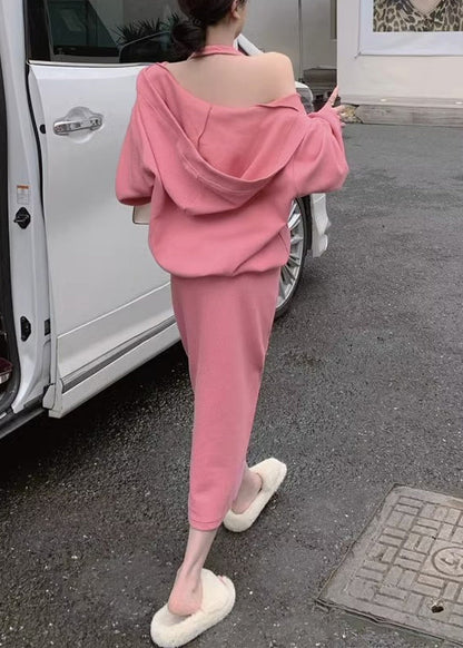 Loose Pink Hooded Pockets Tops And Dress Cotton Two Pieces Set Spring