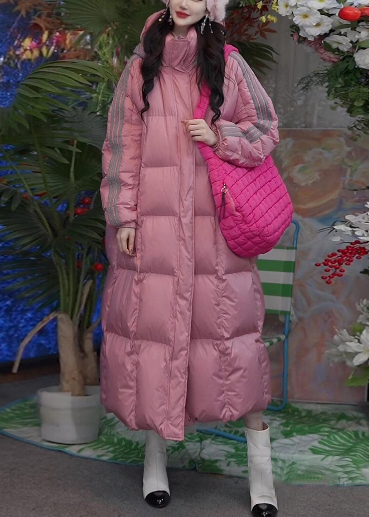 Loose Pink Hooded Zippered Striped Duck Down Puffer Coat Winter