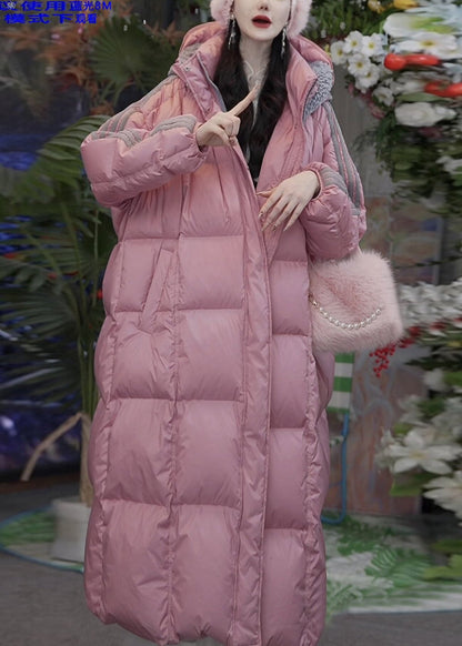 Loose Pink Hooded Zippered Striped Duck Down Puffer Coat Winter