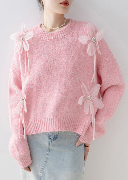 Loose Pink O Neck Nail Bead Knit Sweaters Spring