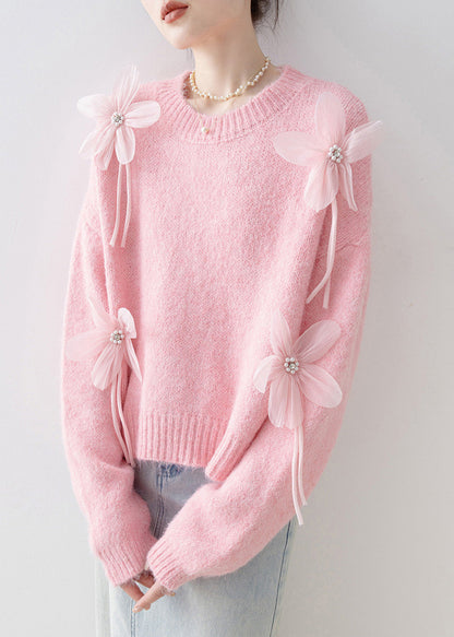 Loose Pink O Neck Nail Bead Knit Sweaters Spring