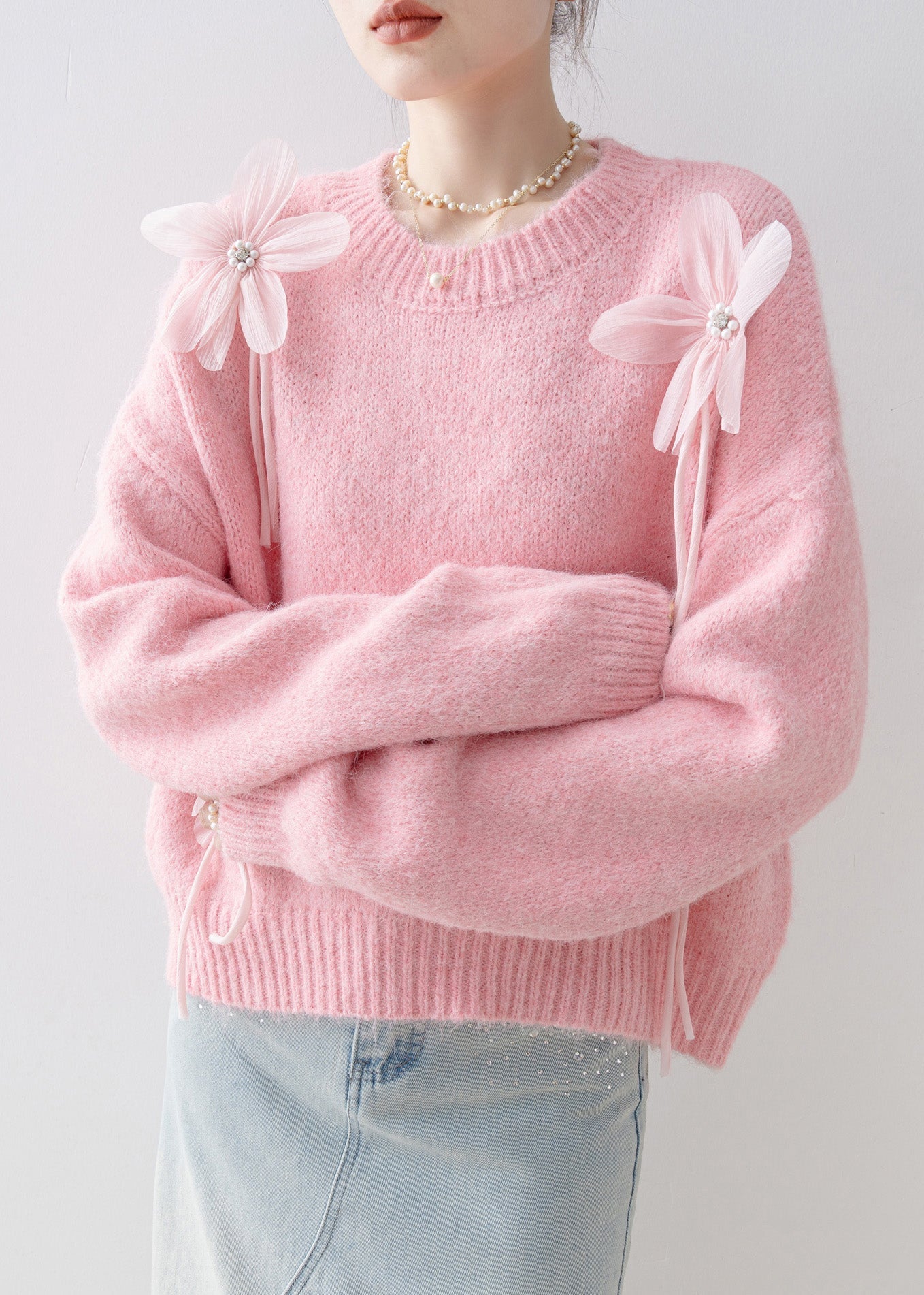 Loose Pink O Neck Nail Bead Knit Sweaters Spring