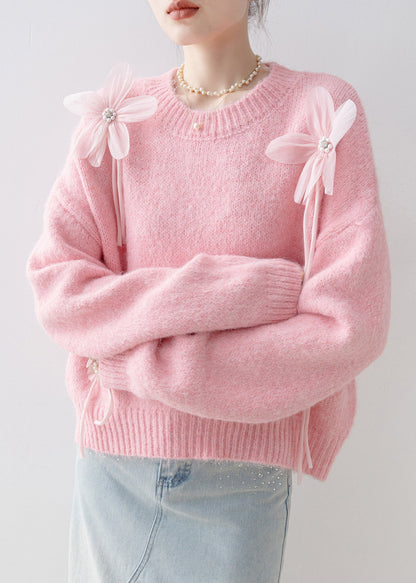 Loose Pink O Neck Nail Bead Knit Sweaters Spring