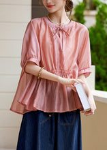 Load image into Gallery viewer, Loose Pink O-Neck Patchwork Wrinkled Lace Tie Silk Shirt Summer