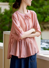 Load image into Gallery viewer, Loose Pink O-Neck Patchwork Wrinkled Lace Tie Silk Shirt Summer
