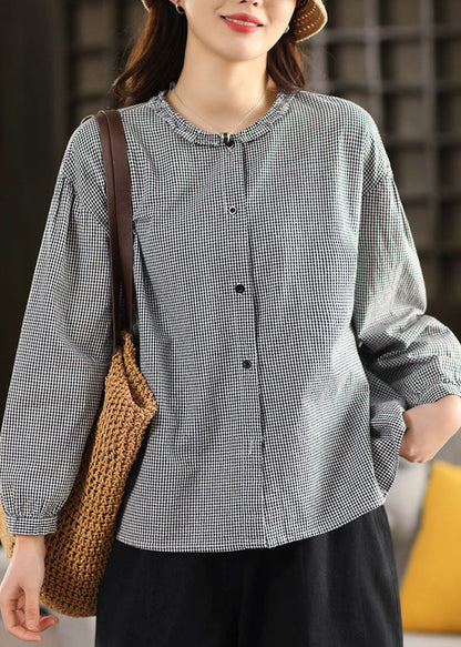 Loose Pink O-Neck Plaid Patchwork Top Lantern Sleeve