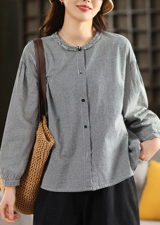 Loose Pink O-Neck Plaid Patchwork Top Lantern Sleeve