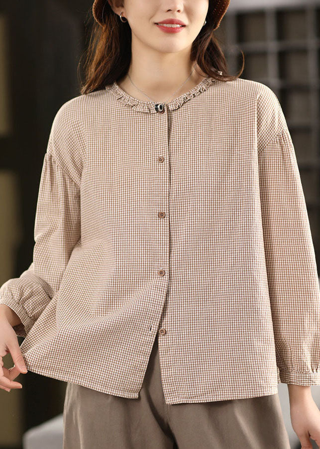 Loose Pink O-Neck Plaid Patchwork Top Lantern Sleeve