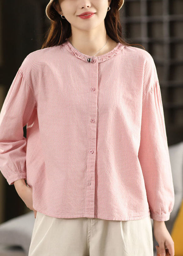 Loose Pink O-Neck Plaid Patchwork Top Lantern Sleeve