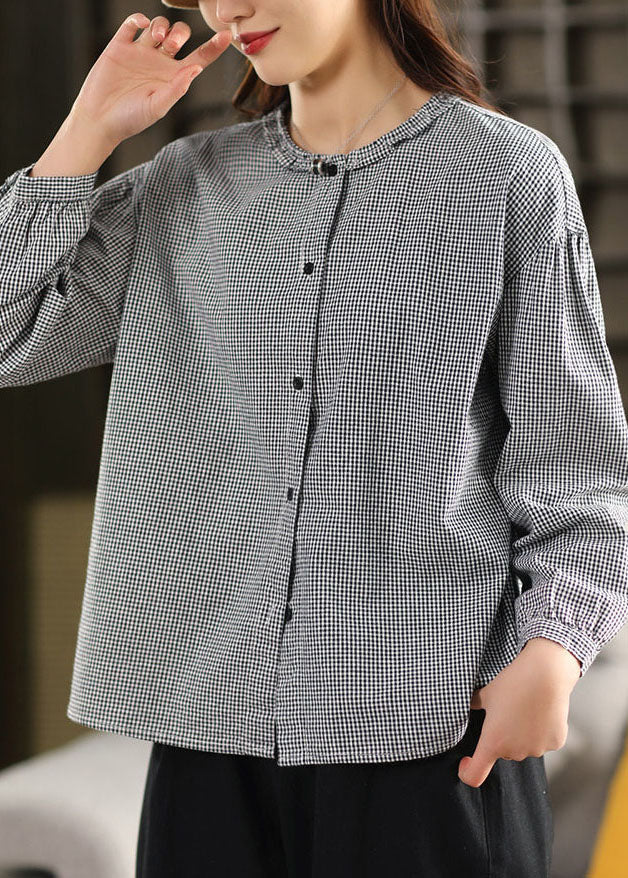 Loose Pink O-Neck Plaid Patchwork Top Lantern Sleeve