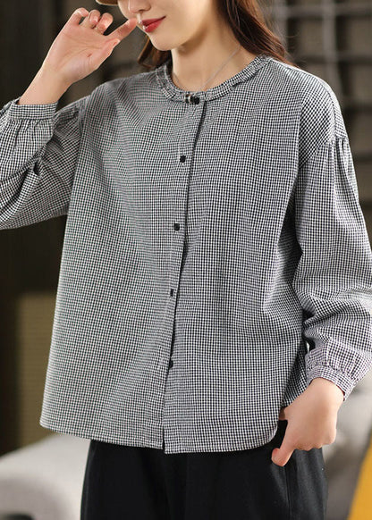 Loose Pink O-Neck Plaid Patchwork Top Lantern Sleeve