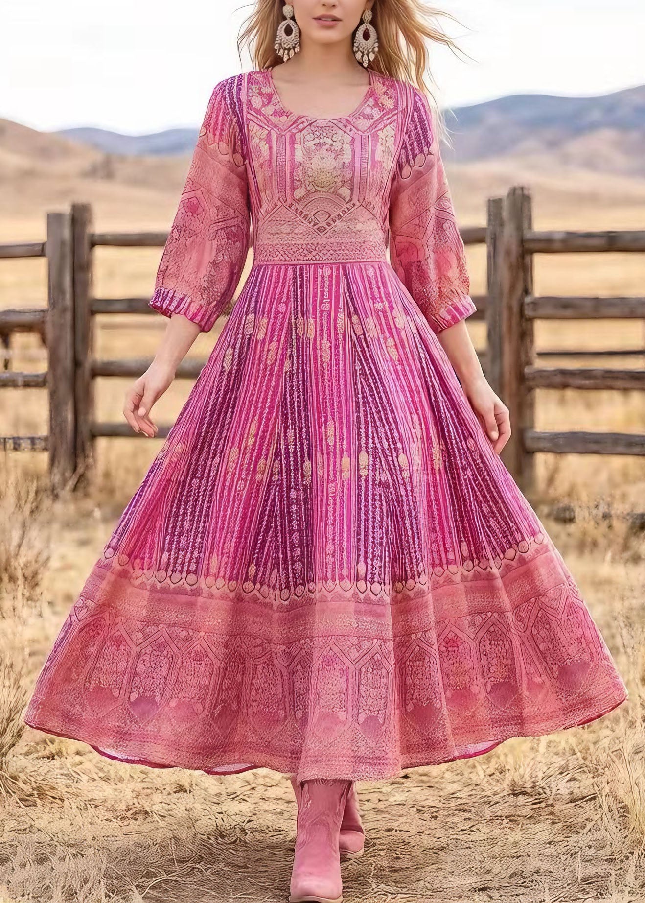Loose Pink O Neck Print Cotton Maxi Dresses Summer