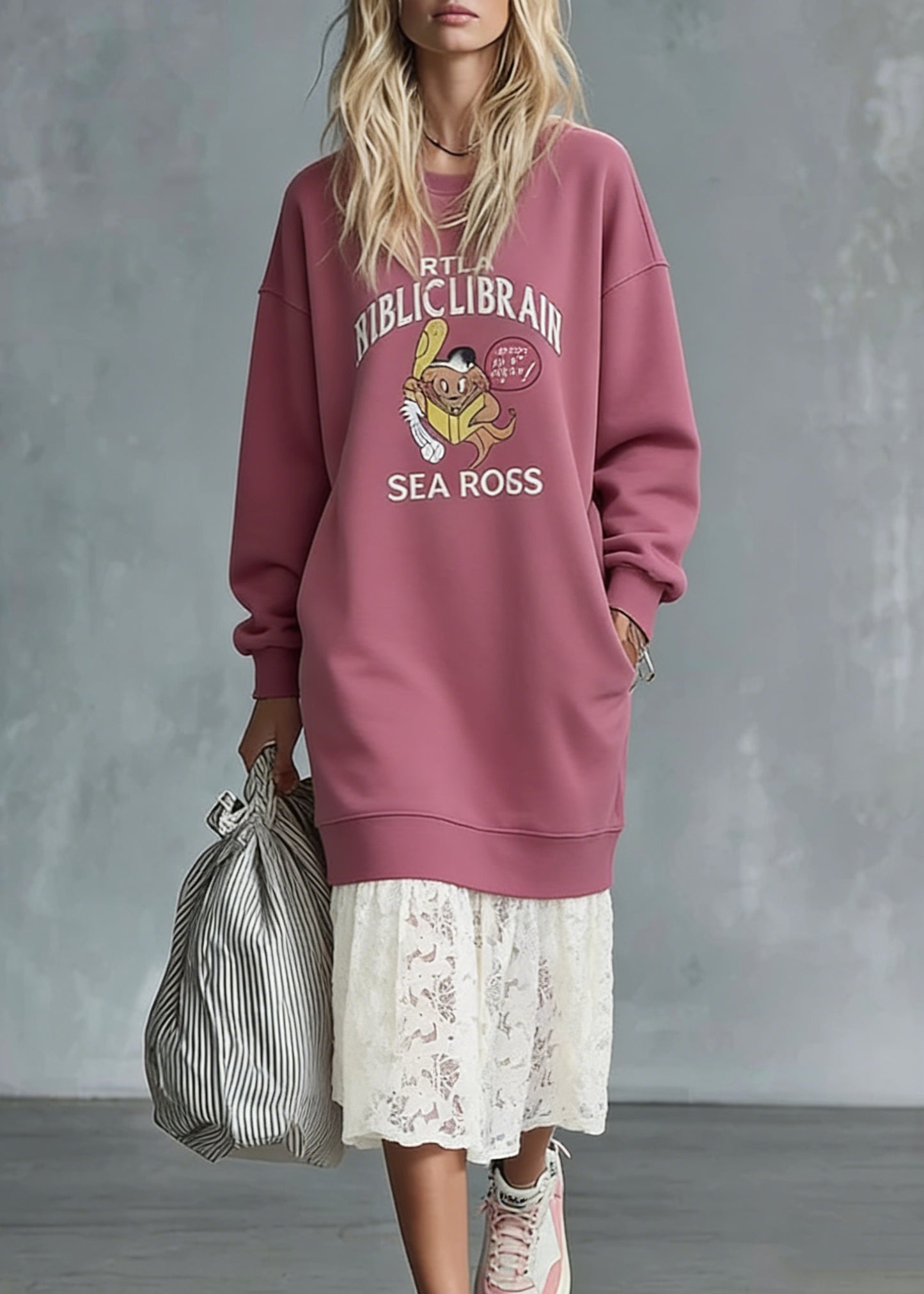 Loose Pink O Neck Print Lace Patchwork Warm Fleece Sweatshirts Dress Spring