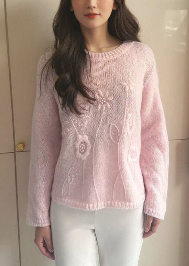 Loose Pink O-Neck Solid Cotton Knit Sweater Spring