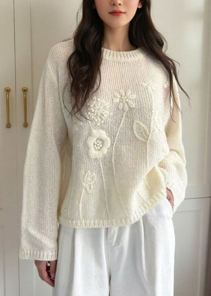 Loose Pink O-Neck Solid Cotton Knit Sweater Spring