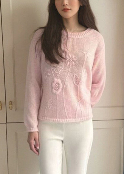 Loose Pink O-Neck Solid Cotton Knit Sweater Spring