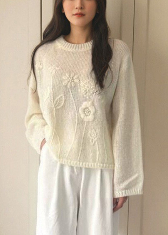 Loose Pink O-Neck Solid Cotton Knit Sweater Spring