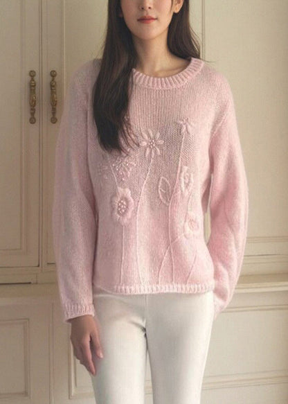 Loose Pink O-Neck Solid Cotton Knit Sweater Spring