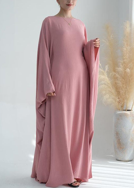 Loose Pink O Neck Solid Ice Silk Maxi Dresses Batwing Sleeve