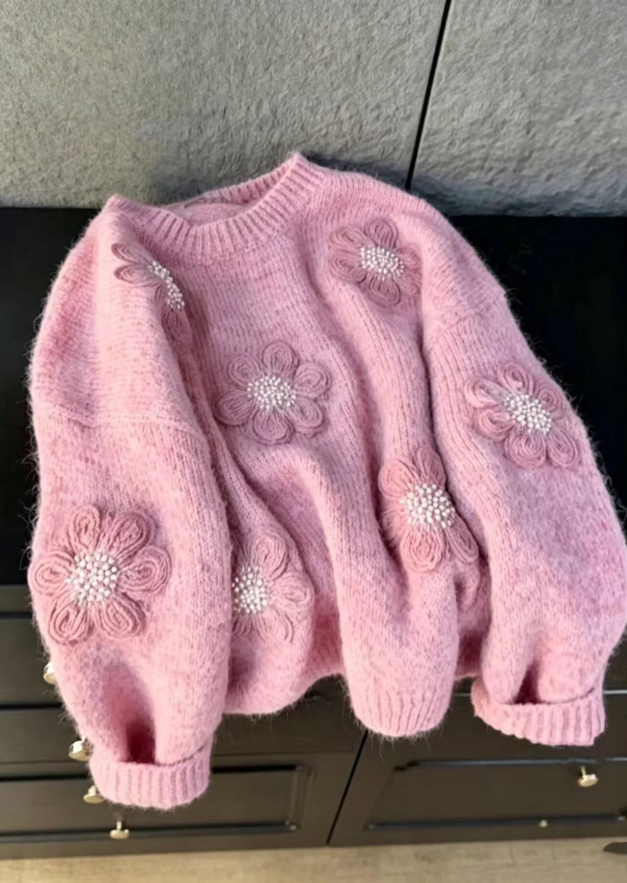 Loose Pink O-Neck Stereoscopic Floral Nail Bead Knitted Tops Fall