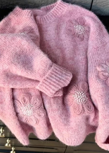 Loose Pink O-Neck Stereoscopic Floral Nail Bead Knitted Tops Fall