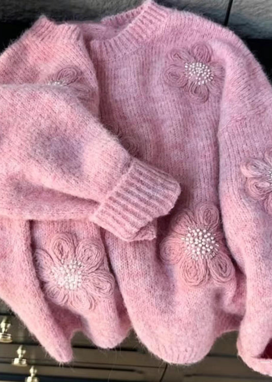 Loose Pink O-Neck Stereoscopic Floral Nail Bead Knitted Tops Fall