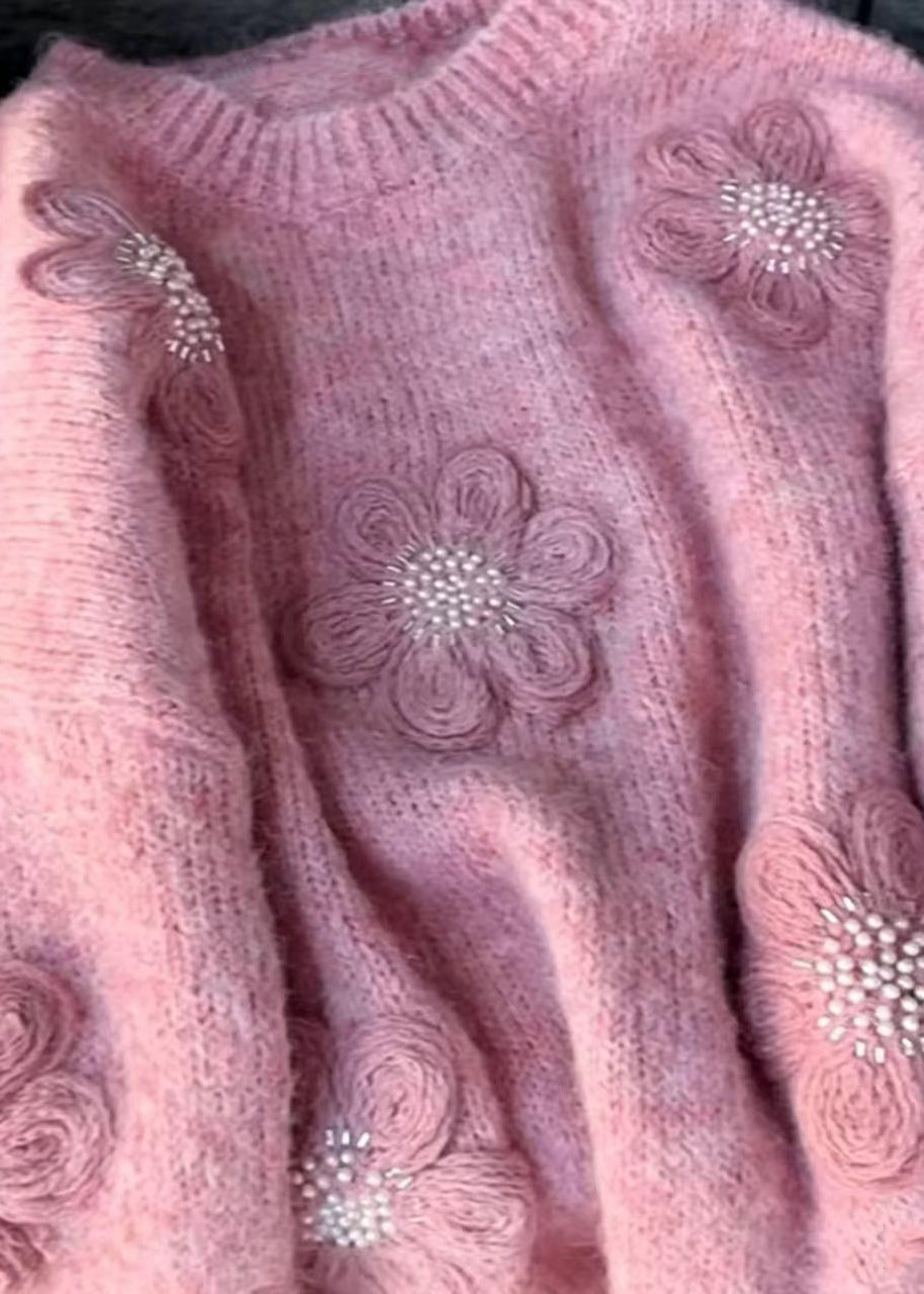 Loose Pink O-Neck Stereoscopic Floral Nail Bead Knitted Tops Fall