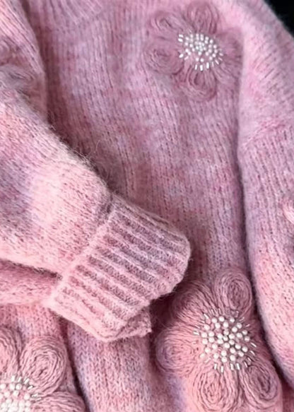 Loose Pink O-Neck Stereoscopic Floral Nail Bead Knitted Tops Fall