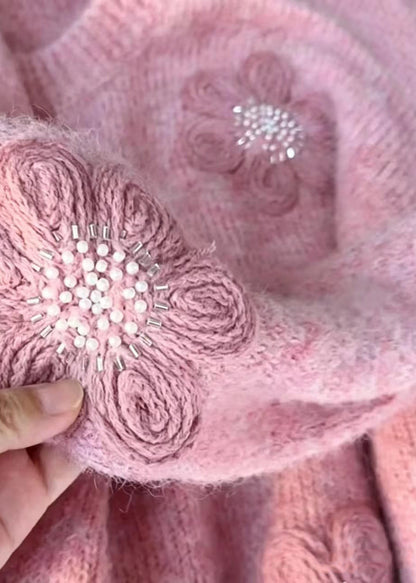 Loose Pink O-Neck Stereoscopic Floral Nail Bead Knitted Tops Fall
