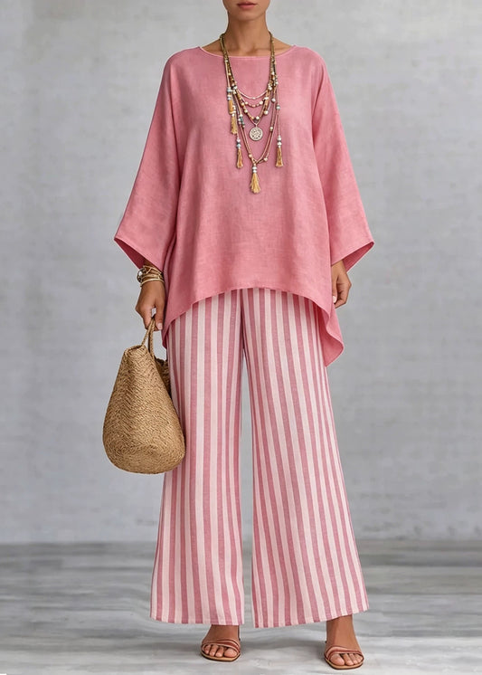 Loose Pink O-Neck Top And Wide Leg Pants Two-Piece Set Fall