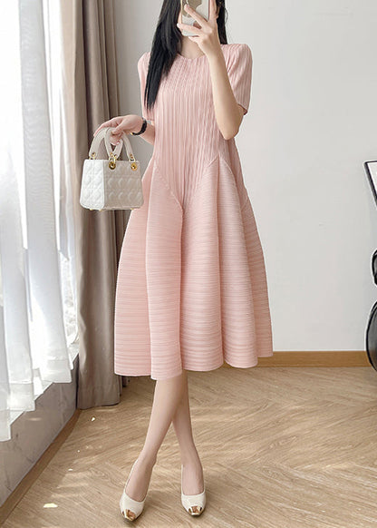 Loose Pink O Neck Wrinkled Cotton Dresses Summer