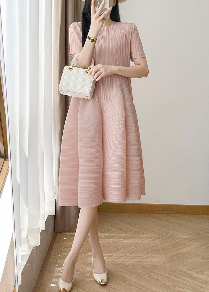 Loose Pink O Neck Wrinkled Cotton Dresses Summer