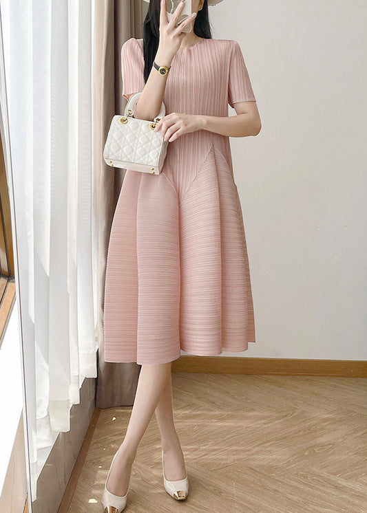 Loose Pink O Neck Wrinkled Cotton Dresses Summer