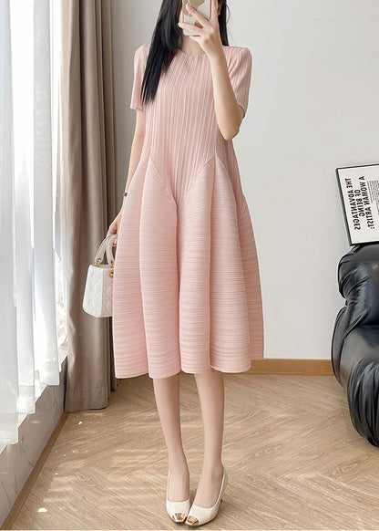 Loose Pink O Neck Wrinkled Cotton Dresses Summer