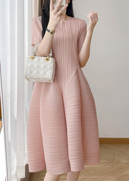Loose Pink O Neck Wrinkled Cotton Dresses Summer