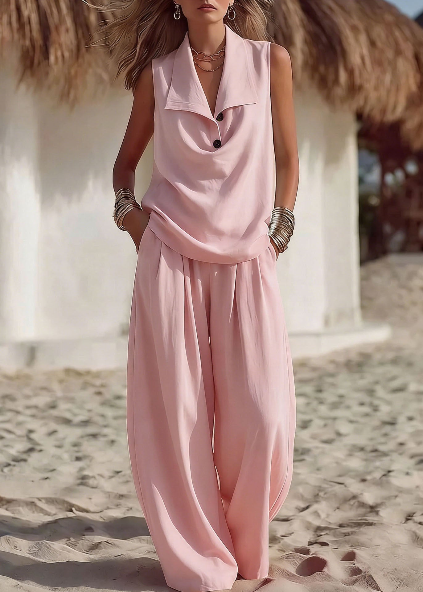 Loose Pink Patchwork Solid Top And Wide Leg Pants Two Piece Set Summer