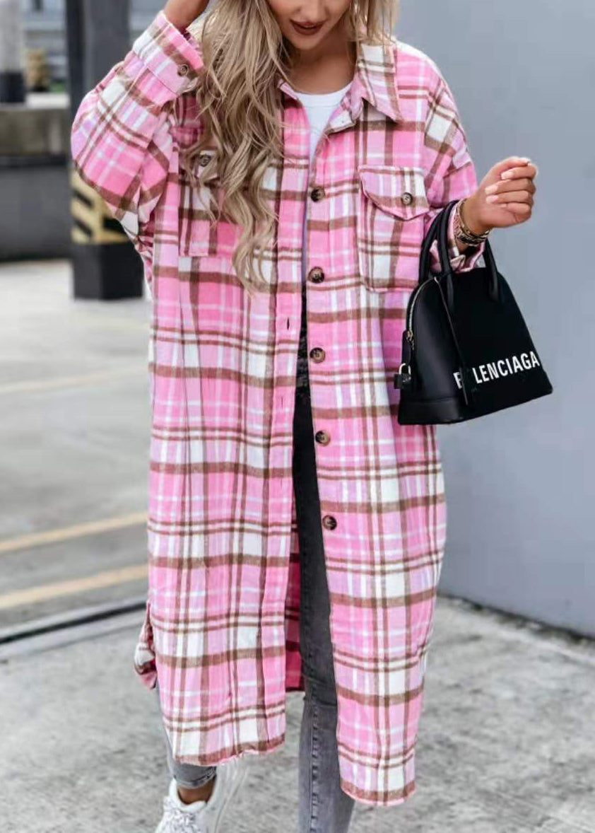 Loose Pink Peter Pan Collar Pockets Woolen Shirts Coat Fall