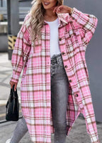 Loose Pink Peter Pan Collar Pockets Woolen Shirts Coat Fall
