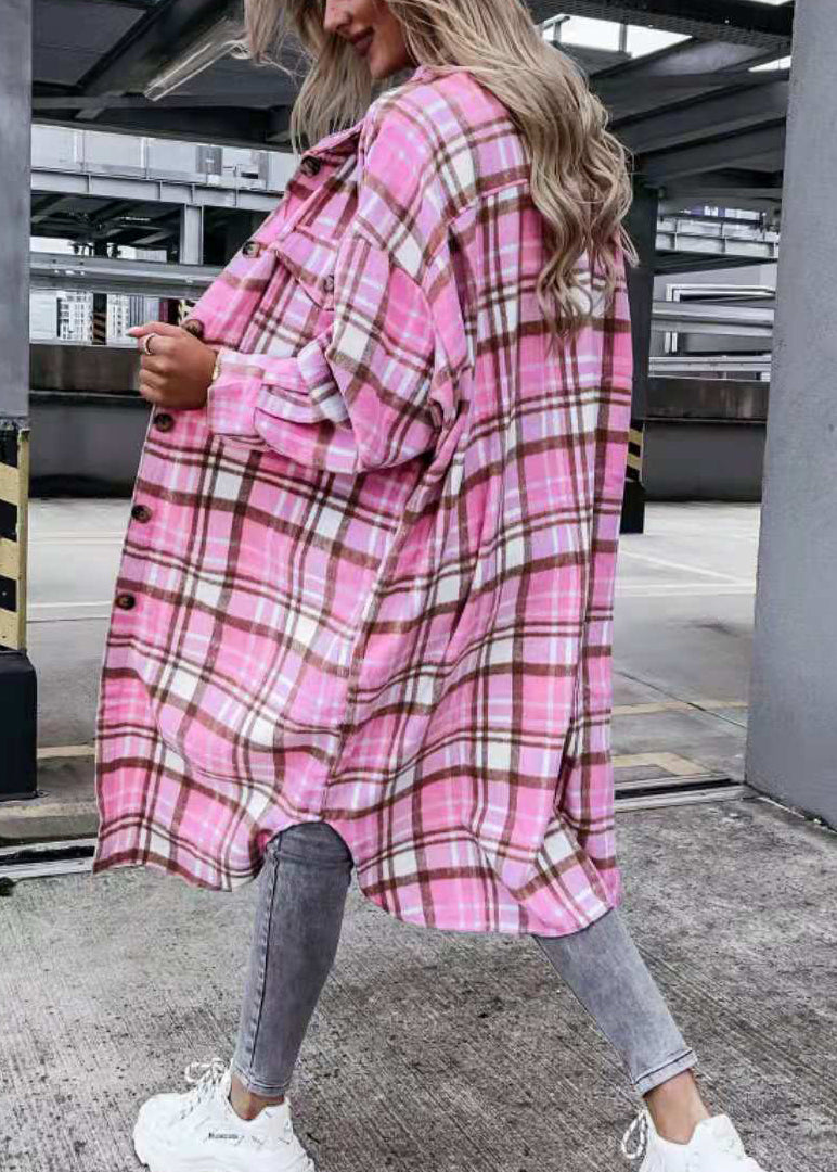 Loose Pink Peter Pan Collar Pockets Woolen Shirts Coat Fall