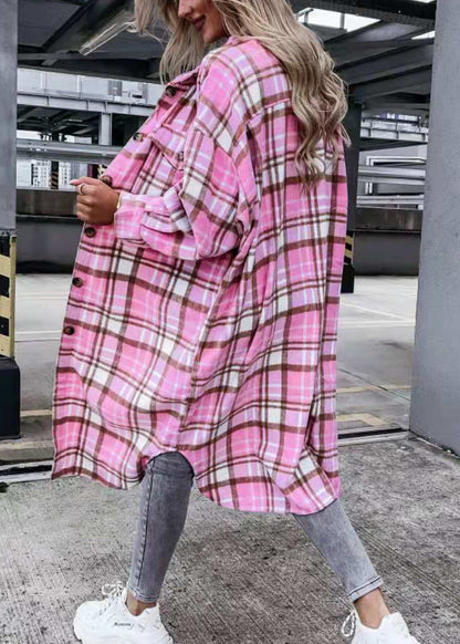 Loose Pink Peter Pan Collar Pockets Woolen Shirts Coat Fall