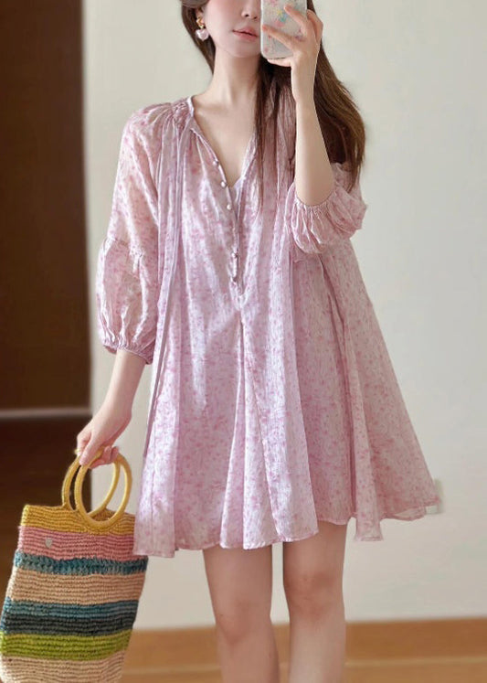 Loose Pink Print Lace Up Cotton Shirts Dress Fall