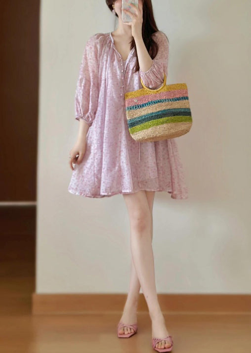 Loose Pink Print Lace Up Cotton Shirts Dress Fall