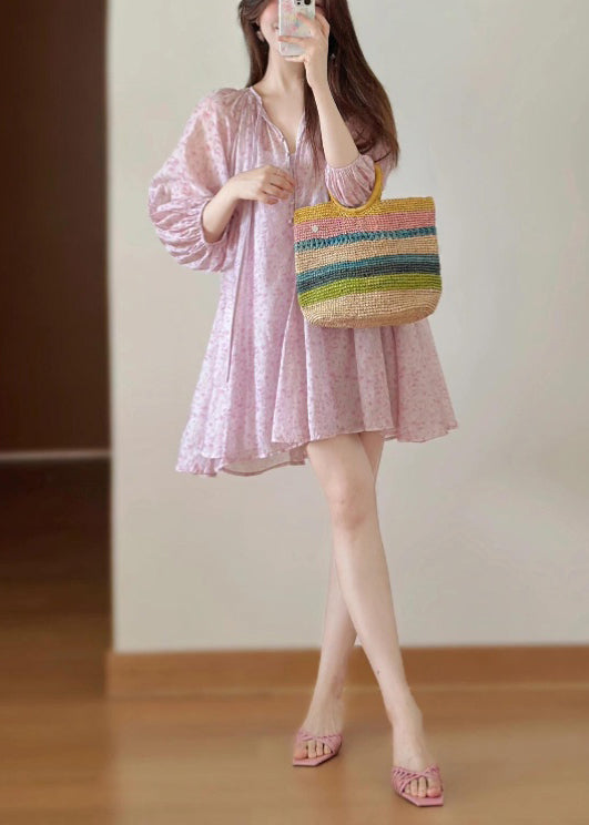 Loose Pink Print Lace Up Cotton Shirts Dress Fall