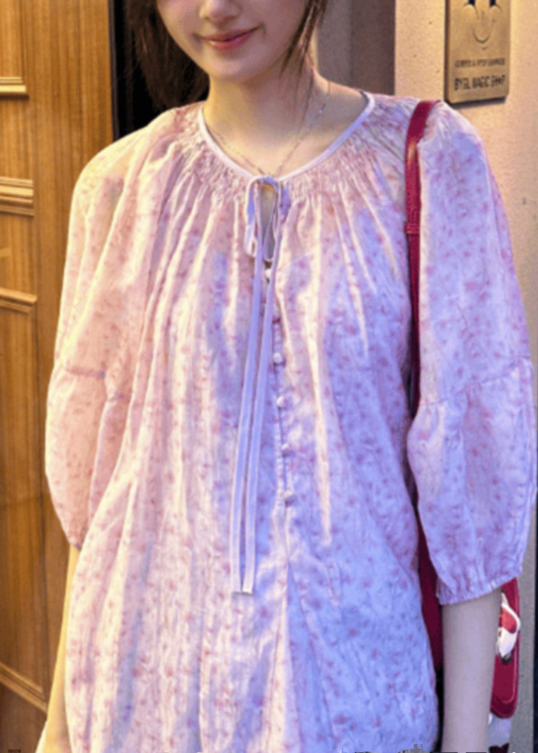Loose Pink Print Lace Up Cotton Shirts Dress Fall