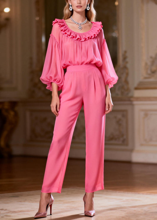 Loose Pink Ruffled High Waist Two-Piece Set Spring