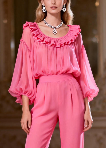 Loose Pink Ruffled High Waist Two-Piece Set Spring