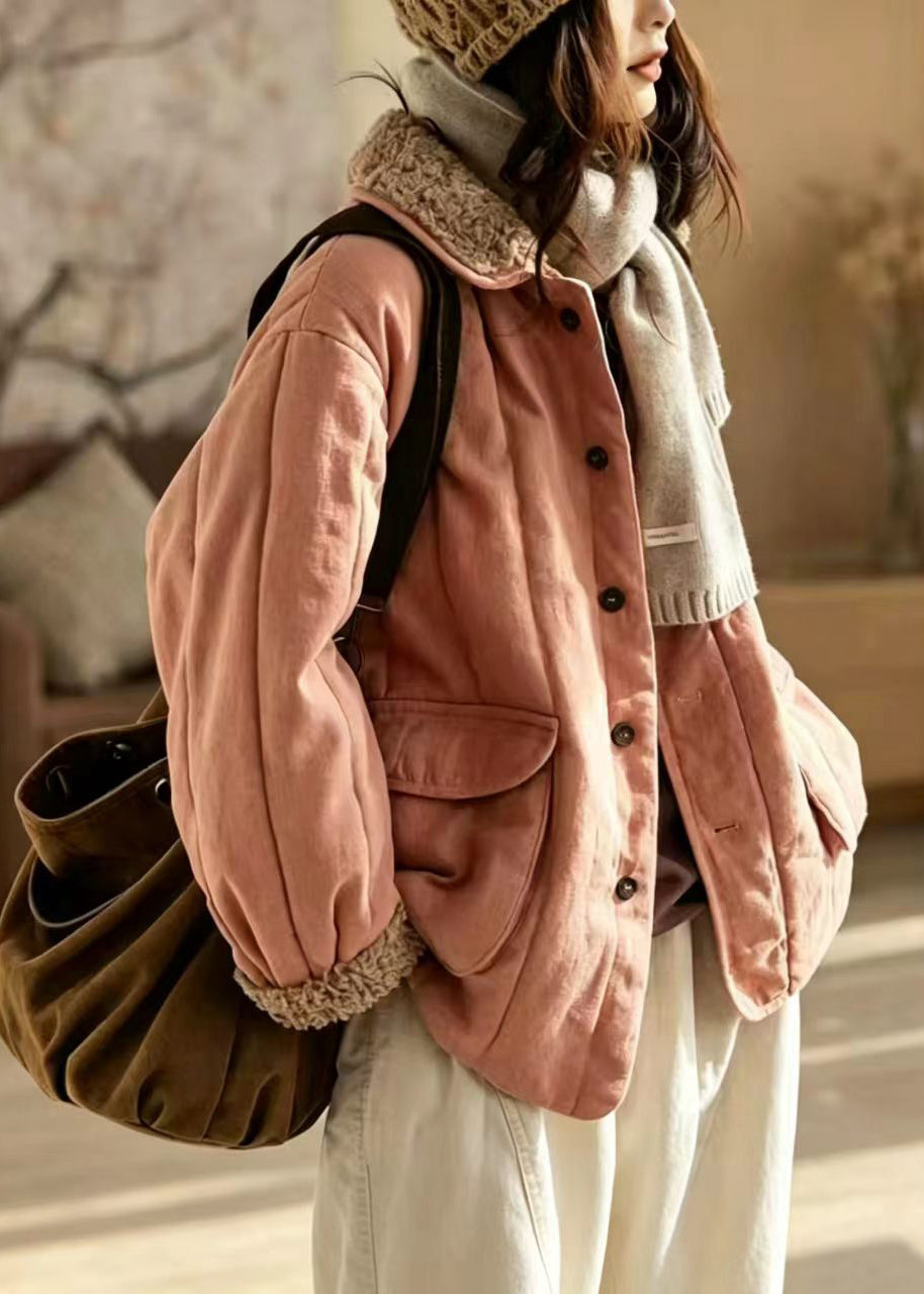 Loose Pink Sherpa Collar Pockets Cotton Filled Jacket Winter