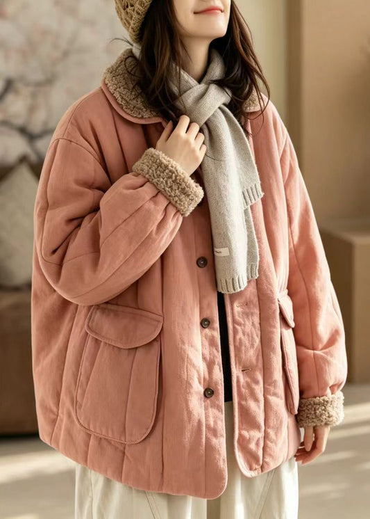 Loose Pink Sherpa Collar Pockets Cotton Filled Jacket Winter
