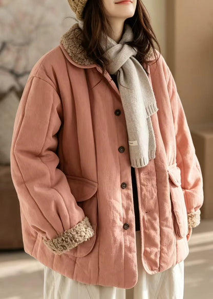 Loose Pink Sherpa Collar Pockets Cotton Filled Jacket Winter